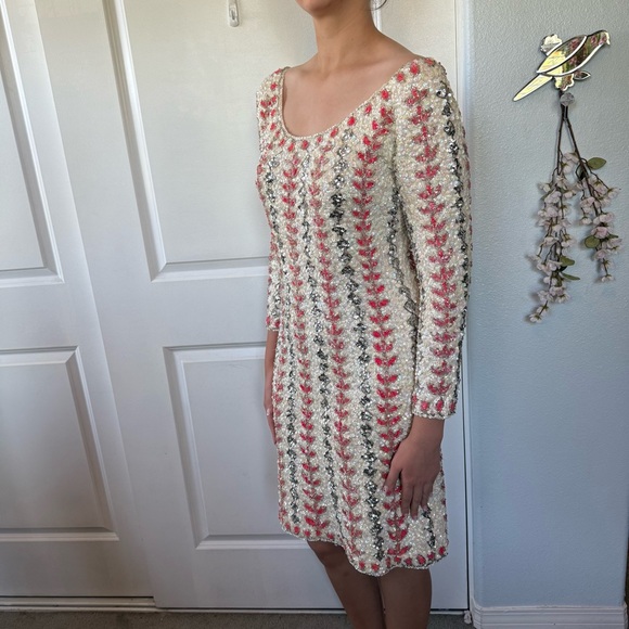 VINTAGE 50s 60s | Edith Morré | Palm Desert amazing ivory pink sequin dress M L - Picture 9 of 14
